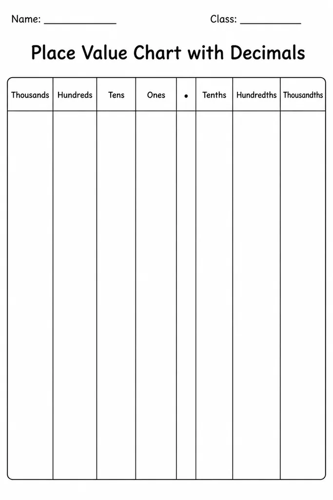 Blank printable place value chart with decimals showing columns from Thousands to Thousandths with a decimal point marker, for students grades 4-8