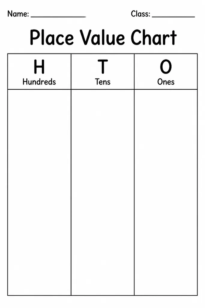 Blank printable place value chart showing three columns labelled Hundreds, Tens, and Ones for students to record digits, grades 1-5