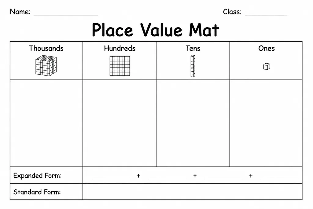 Blank printable place value mat with wide Hundreds, Tens, and Ones columns for laying base-ten manipulatives, landscape orientation for grades 1-5