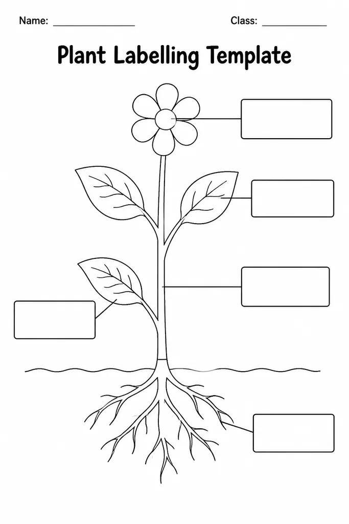 Blank printable Plant Labelling Template showing a line-drawing of a complete flowering plant with empty label lines pointing to roots, stem, leaves, flower, and seed pod