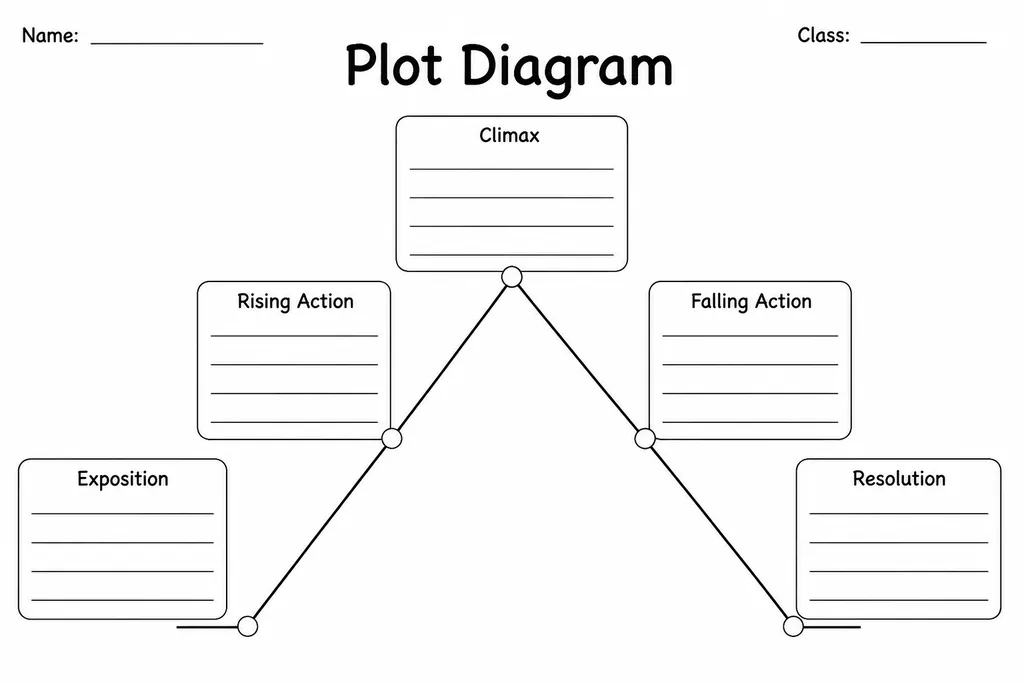Blank printable plot diagram showing a narrative arc divided into exposition, rising action, climax, falling action, and resolution sections