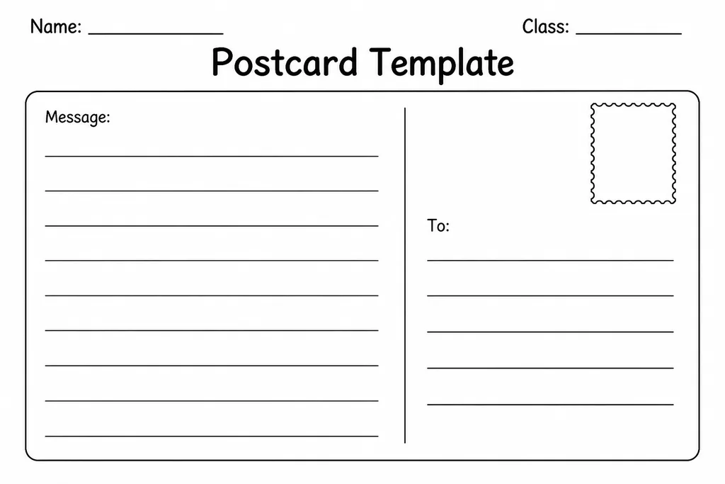 Blank printable postcard template with large illustration box on left, ruled message lines on right, address section and stamp square