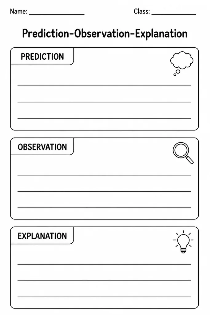 Blank printable Prediction-Observation-Explanation template with three labelled boxes for student science inquiry, grades 3–8