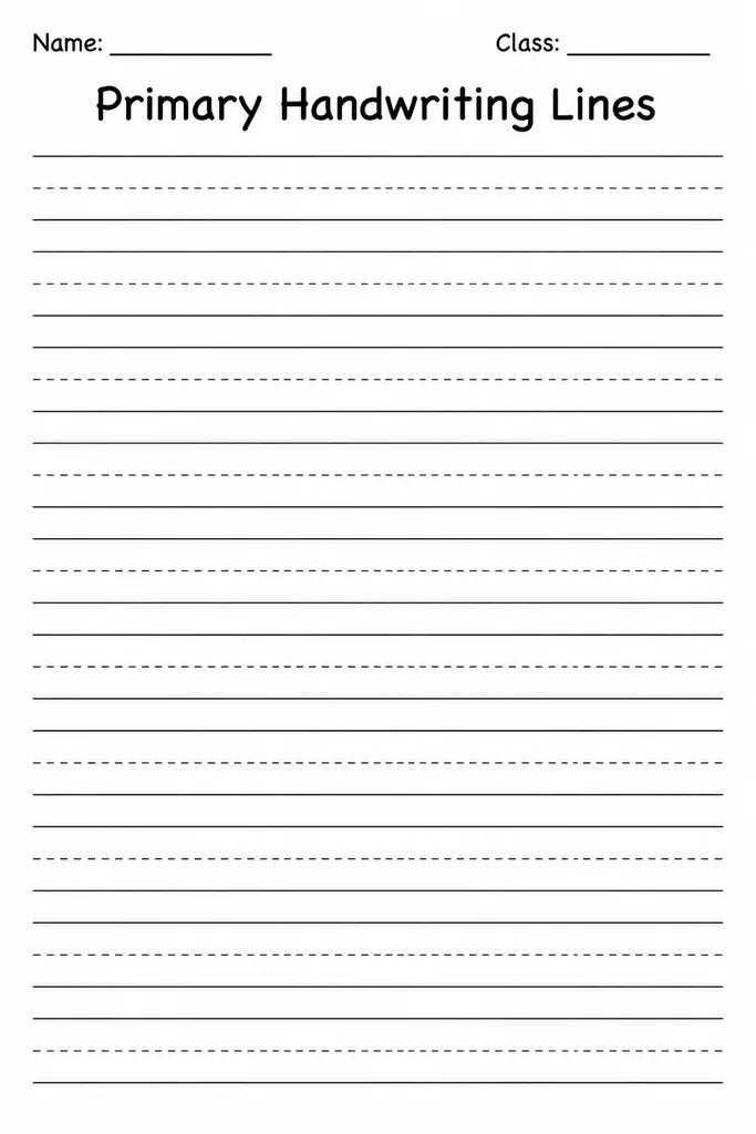 Blank primary handwriting paper showing rows of solid headline, dashed midline, and solid baseline guidelines for PreK–Grade 2 students