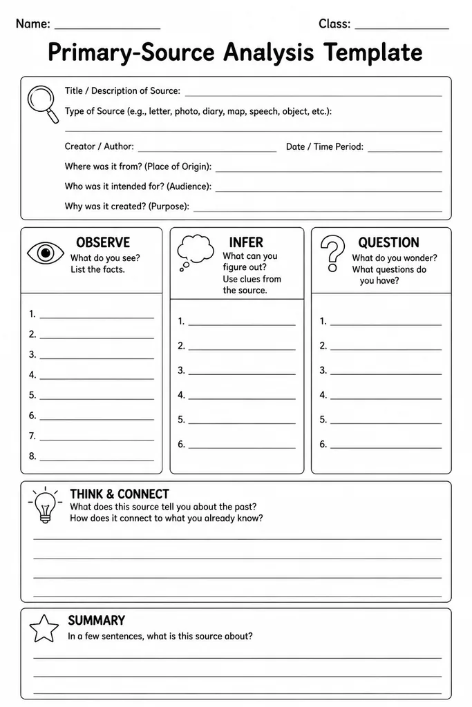 Blank primary source analysis printable template divided into Observe, Infer, and Question sections for middle school history