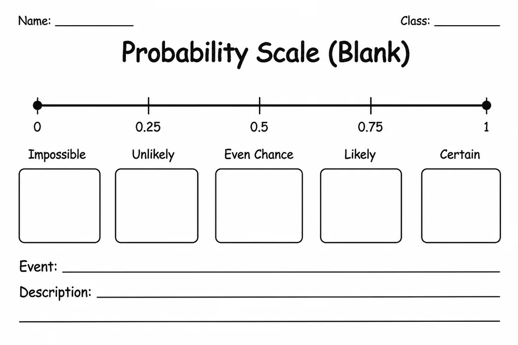 Blank printable probability scale number line from 0 to 1 with empty label boxes above and below for student events