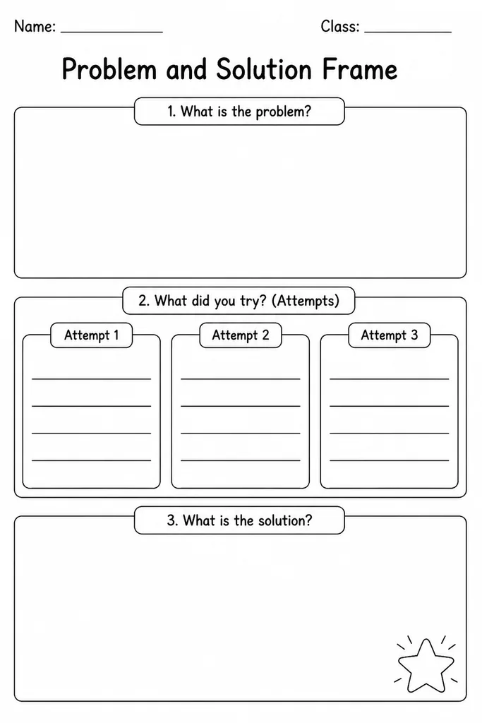 Free printable problem and solution frame with three blank labeled boxes for Problem, Attempts, and Solution in a top-to-bottom layout
