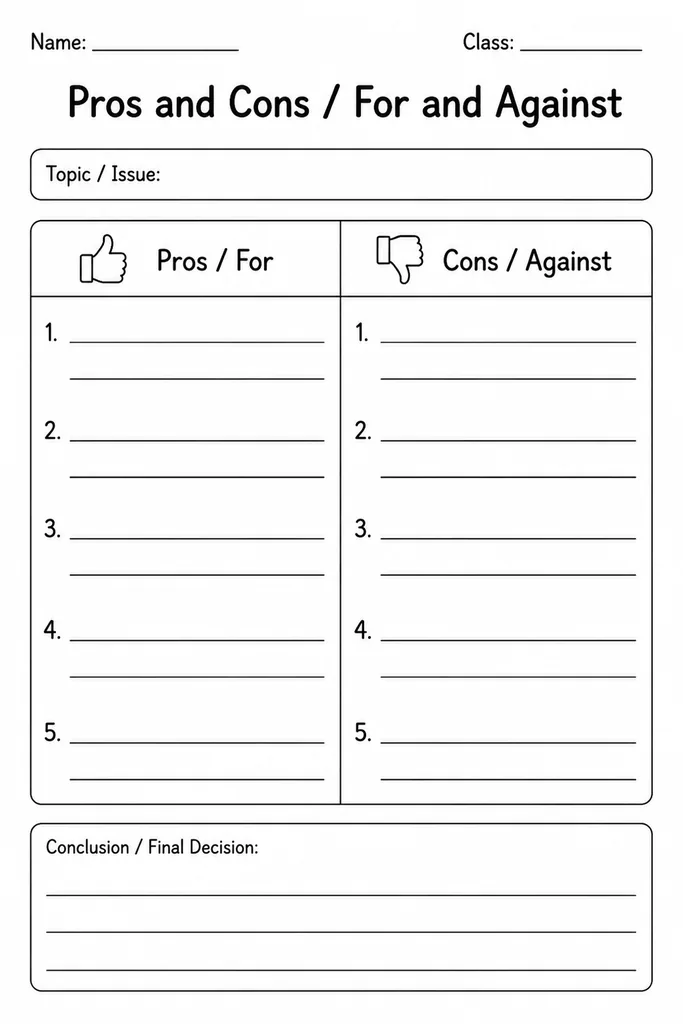 Blank printable pros and cons two-column chart template with a header field for the topic and equal ruled rows on each side for advantages and disadvantages