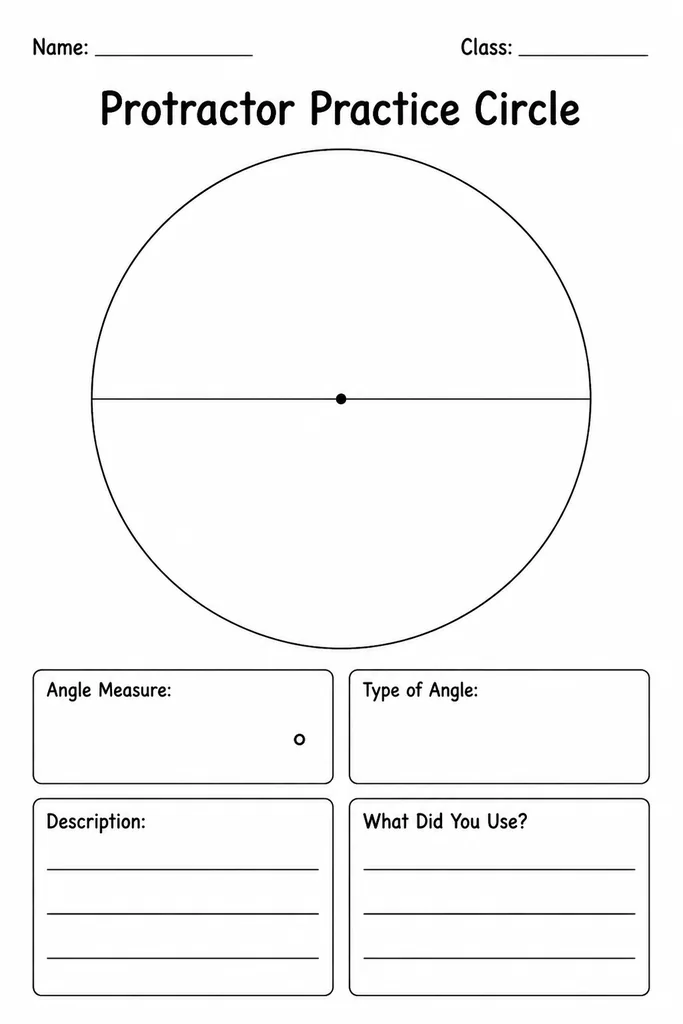 Blank printable protractor practice circle with centre dot and baseline diameter for measuring and drawing angles in grades 4 to 8
