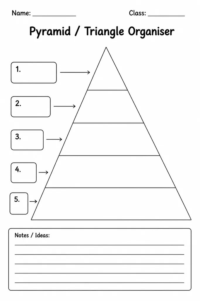 Blank printable Pyramid Triangle Organiser with five horizontal tiered bands for ranking, classifying, or planning from most to least important