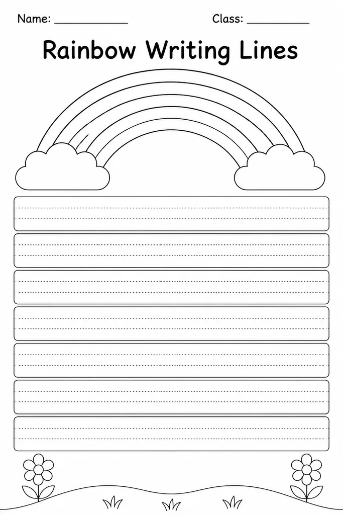 Free printable Rainbow Writing Lines template showing horizontal guide rows for tracing letter formation practice in multiple colors