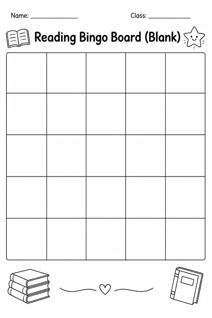 Blank printable 5x5 reading bingo board with empty squares and a FREE center space, ready to fill with custom reading challenges