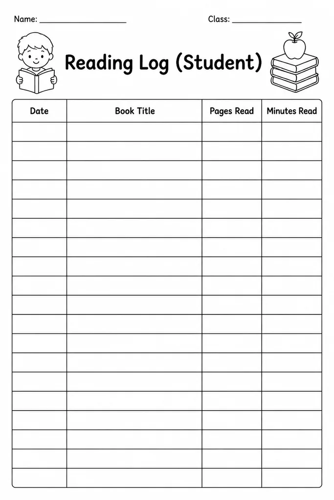 Blank printable student reading log with columns for date, book title, pages read, and minutes, formatted as a clean grid