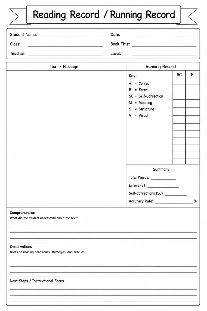 Blank printable running record sheet with notation column, accuracy ratio box, and qualitative notes section for teacher use