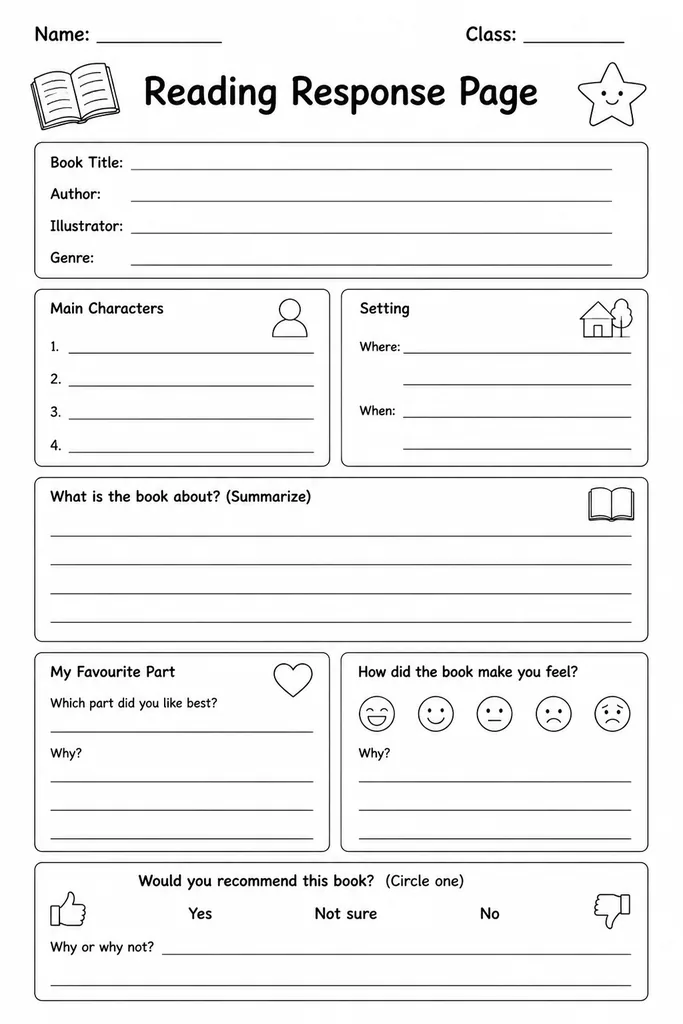 Blank reading response page with open prompt boxes and ruled writing lines for students in grades 2 to 6 to respond to any book or article