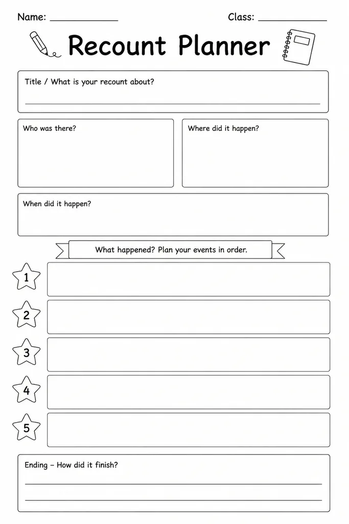 Blank Recount Planner printable with labelled orientation, ordered event boxes, and personal reflection section for recount writing