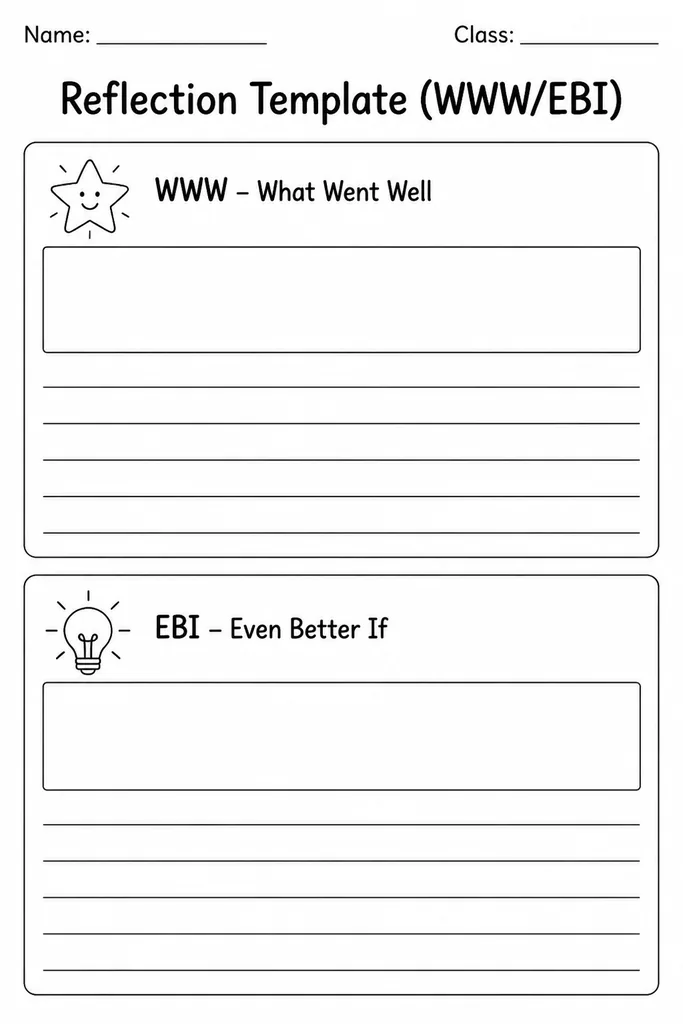 Blank WWW/EBI printable reflection template with two sections: What Went Well and Even Better If, for student self-assessment