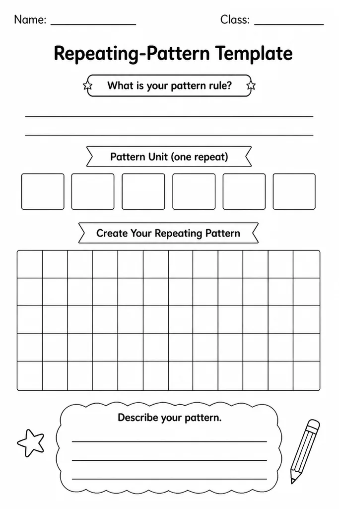 Blank repeating pattern template showing a horizontal strip of equal cells and a square grid below, ready for students to fill with a colour or shape pattern