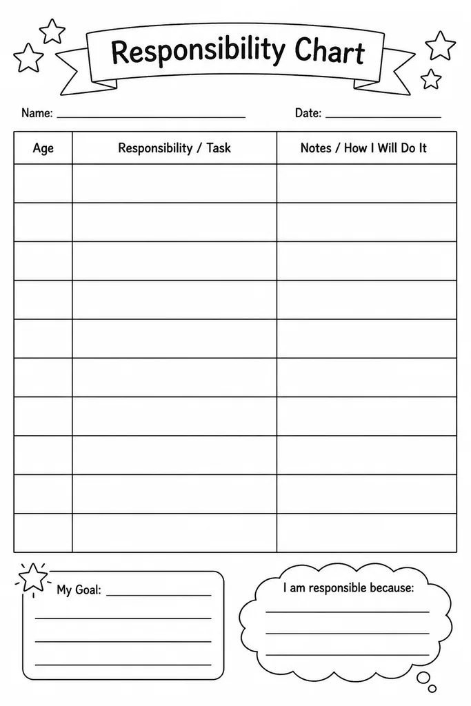 Blank printable responsibility chart with a seven-day grid and empty task rows for writing children's household chores