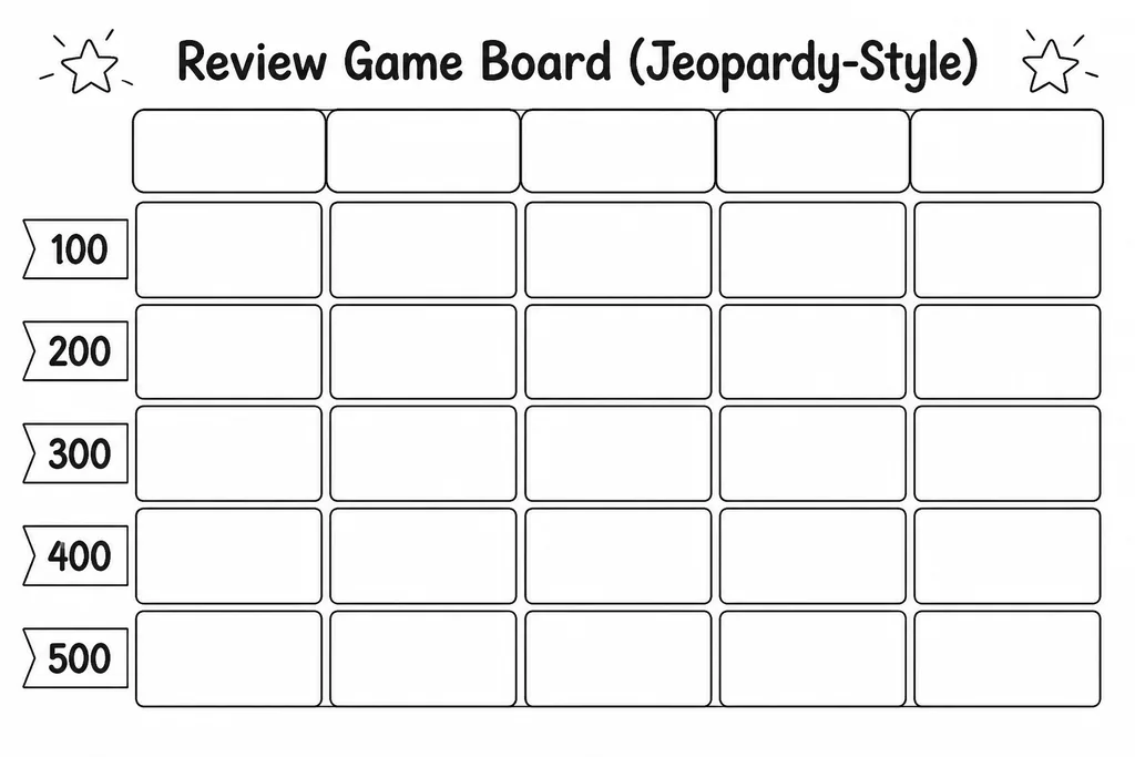 A blank printable Jeopardy-style game board with five category columns and five point-value rows, all cells empty and ready to fill
