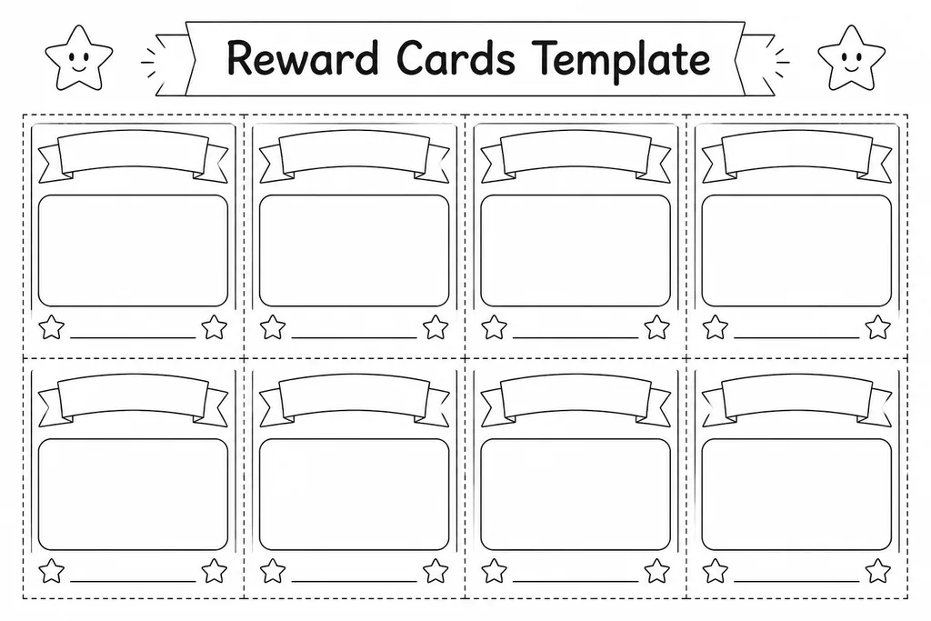 Sheet of blank printable reward cards template arranged in a cut-out grid on white cardstock, ready for teachers to write personalised rewards