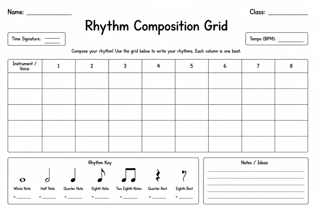 Blank printable rhythm composition grid with rows for bars and columns for beats, ready to fill in with rhythm patterns