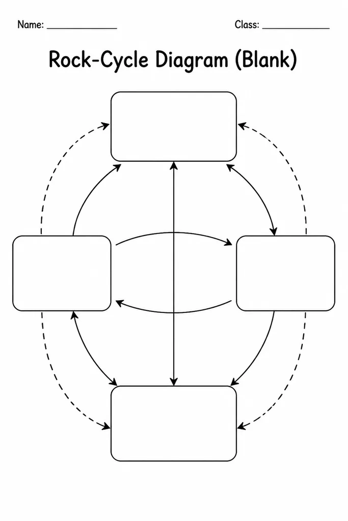 Blank printable rock-cycle diagram with three unlabelled rock-type boxes and directional process arrows for students to label