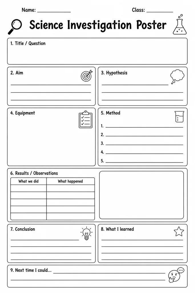 Blank printable science investigation poster template with labelled sections for question, hypothesis, materials, procedure, results, and conclusion