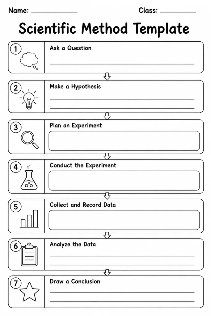 Blank printable Scientific Method Template showing six labelled sections: question, hypothesis, materials, procedure, results, and conclusion
