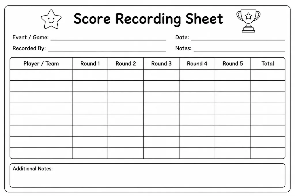 Blank printable score recording sheet with student name column, numbered question columns, and a total marks column