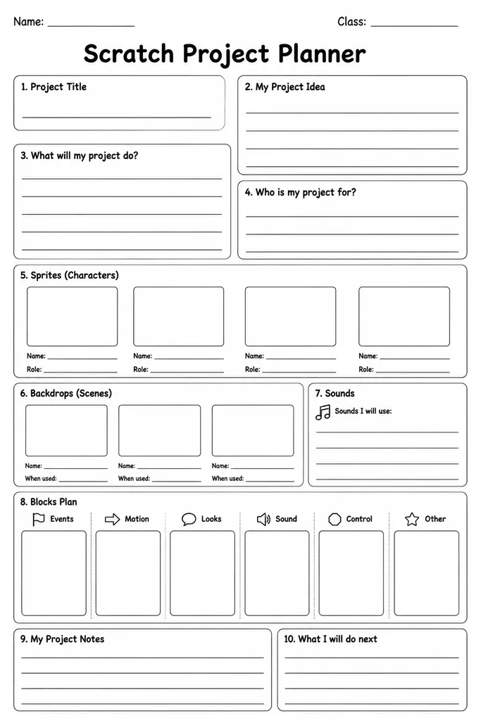 Blank printable Scratch project planner with sections for sprites, costumes, backdrops, code block logic, sounds, and variables