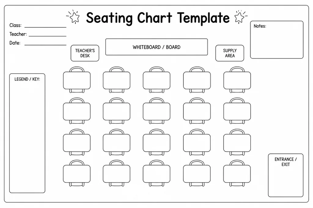 Blank printable seating chart template showing an empty desk grid ready for teachers to fill in student names and room layout