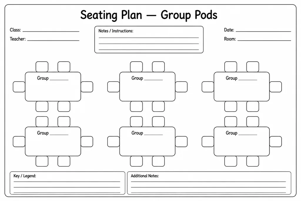 Blank printable classroom seating plan showing overhead view of group pod table clusters with labelled seat positions