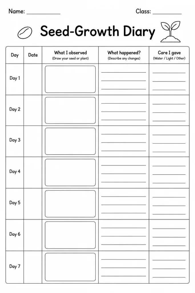 Blank printable seed growth diary template with dated rows, sketch boxes, and measurement columns for student plant science, grades K–4