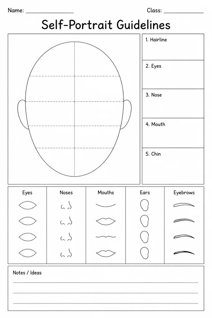 Blank self-portrait guidelines template showing a face outline with light horizontal proportion guide lines for eyes, nose, and mouth placement