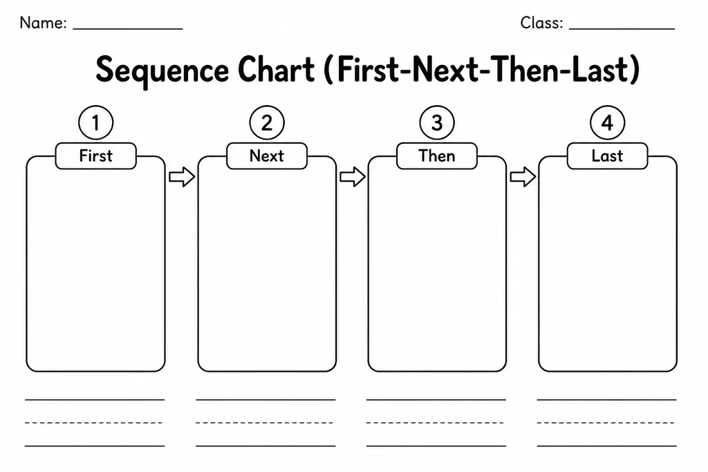 Free printable sequence chart with four labeled blank boxes reading First, Next, Then, and Last for early learners