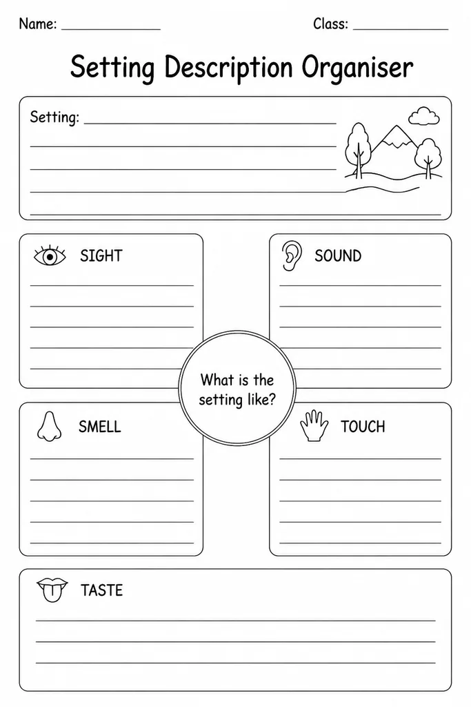 Blank printable Setting Description Organiser with five labeled sense zones — see, hear, smell, taste, touch — plus a mood section for descriptive writing planning