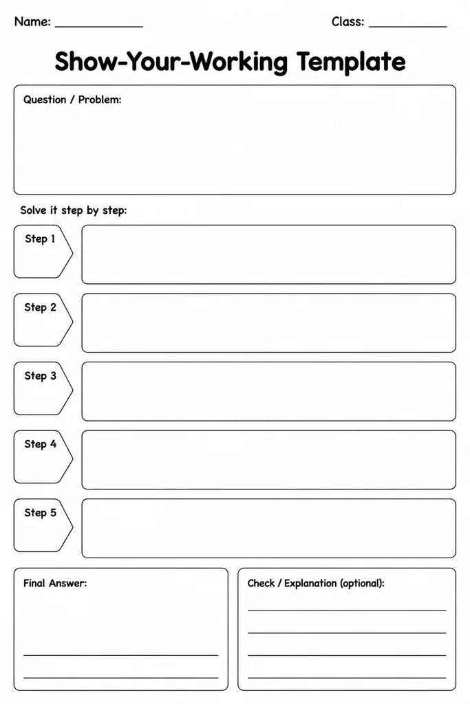 Blank show-your-working template printable with numbered step boxes, annotation lines, and a final answer section for maths problem-solving