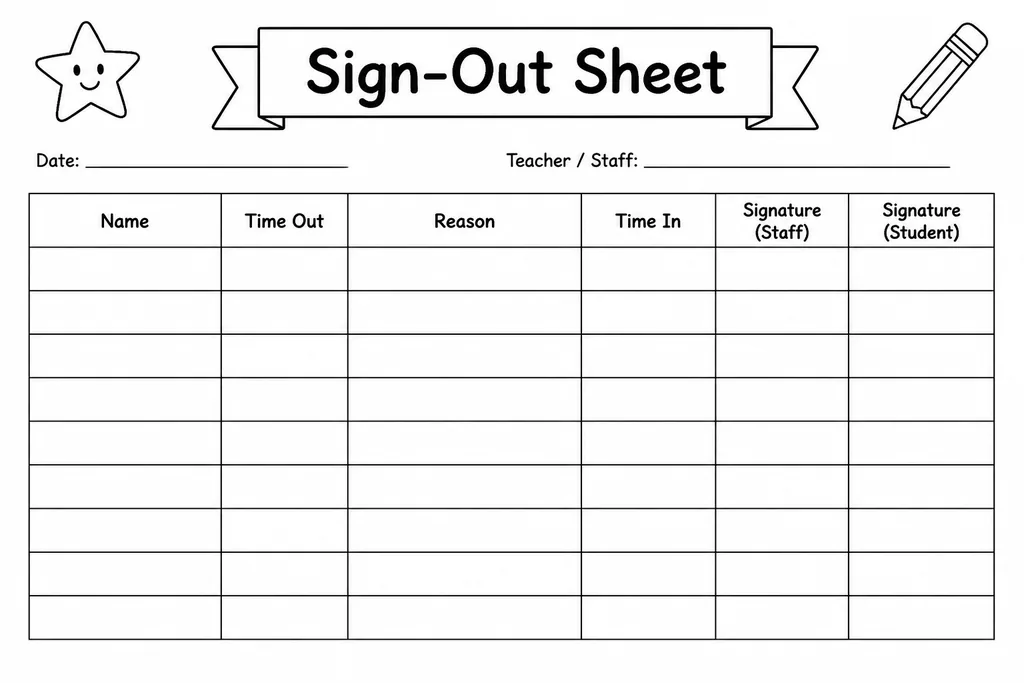 Blank printable sign-out sheet with an empty grid of rows and unlabelled columns for name, time out, destination and time in