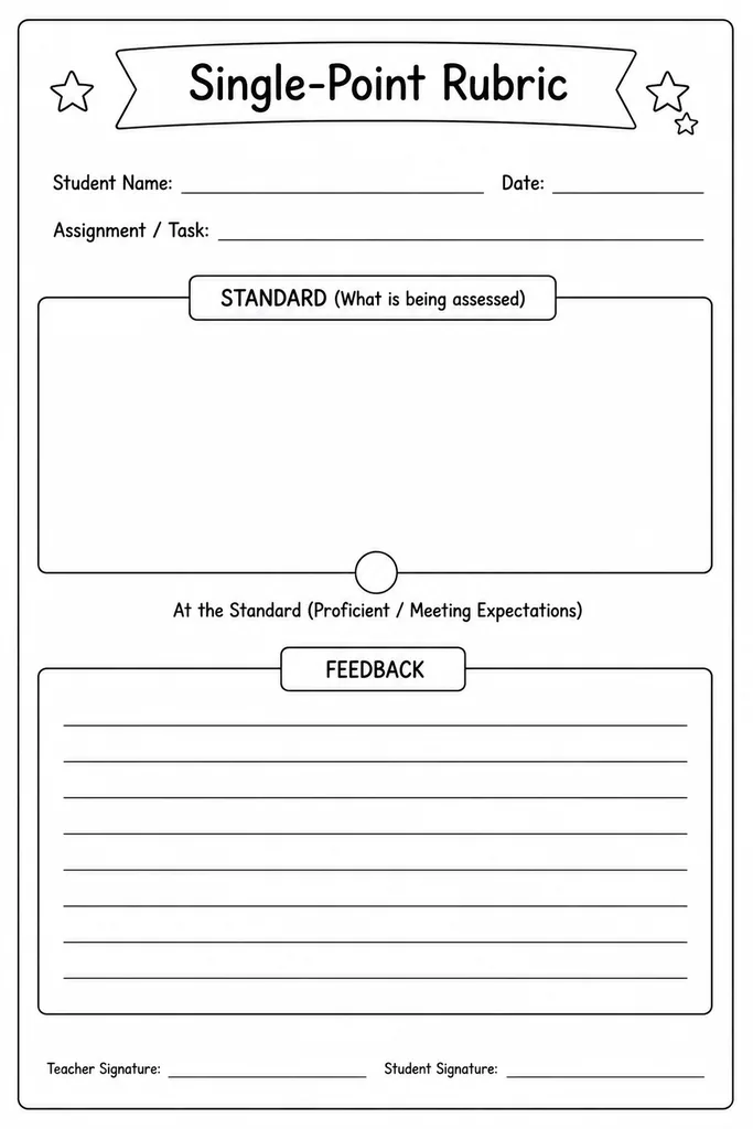 Blank printable single-point rubric template with a centre proficiency standards column and open feedback columns on each side