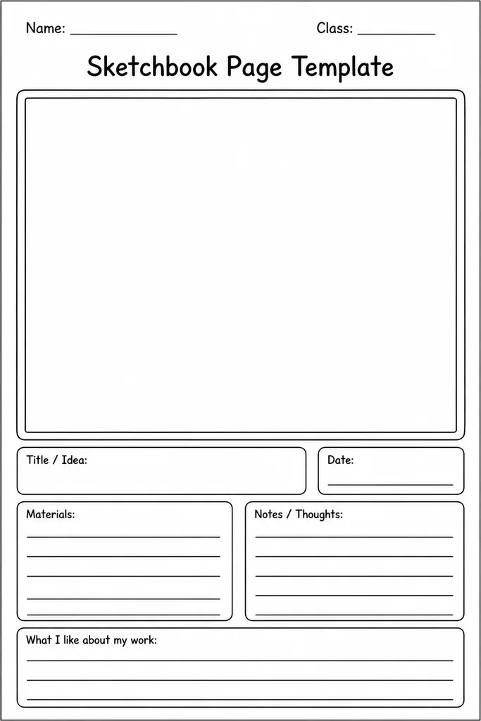 Blank bordered sketchbook page template with a large white drawing area and a narrow footer strip for date and media labelling