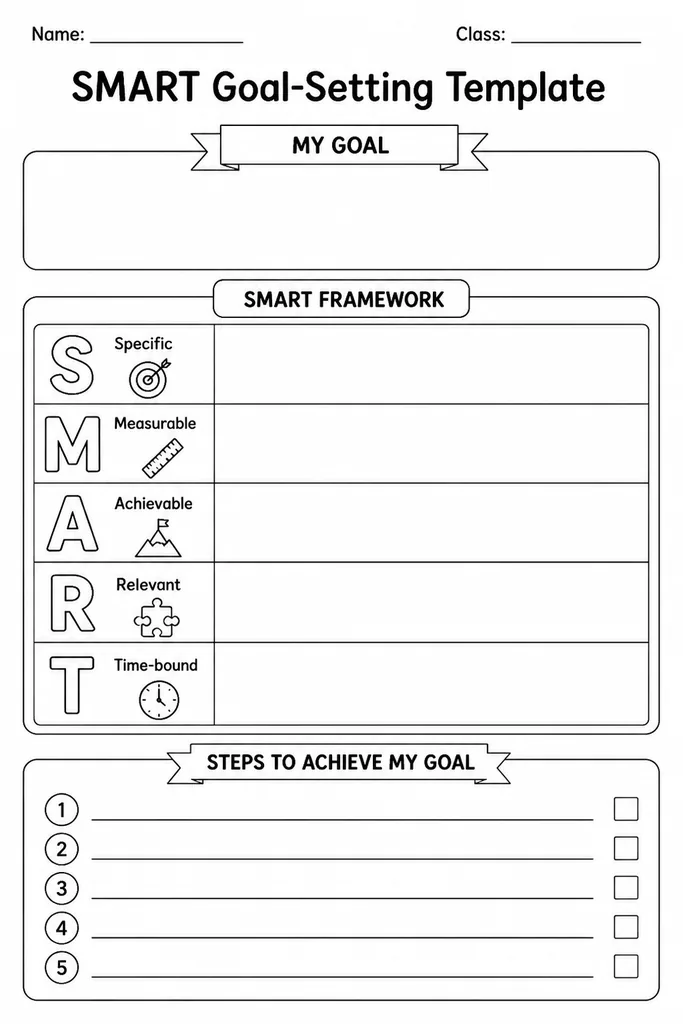 Blank printable SMART goal-setting template with labelled sections for each criterion and an action-steps frame, Grades 3–8