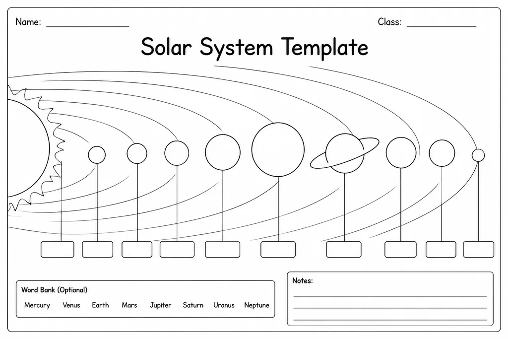 Blank printable solar system template with eight concentric orbits around a sun and unlabelled planet circles for students to complete