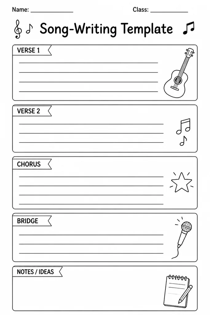 Blank printable song-writing template showing labelled verse, chorus, and bridge sections with ruled lines for lyrics