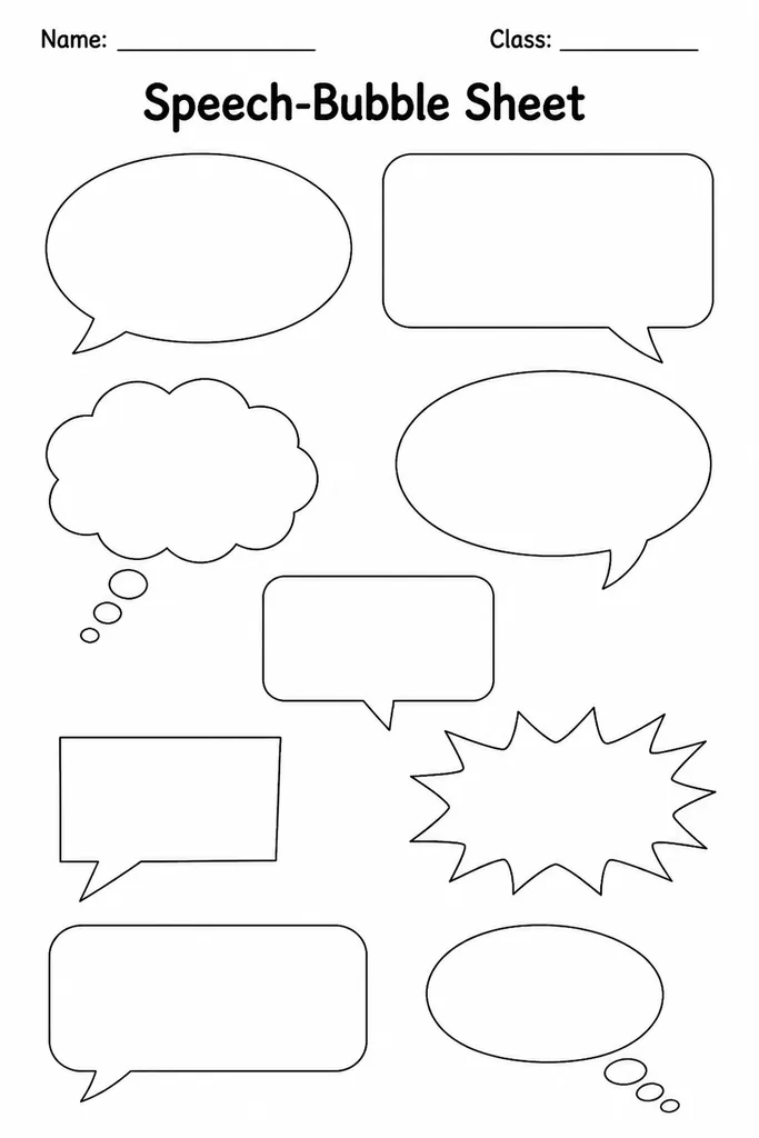 Free printable speech-bubble sheet showing assorted blank speech balloons, thought clouds, exclamation bursts, and caption boxes ready to cut out