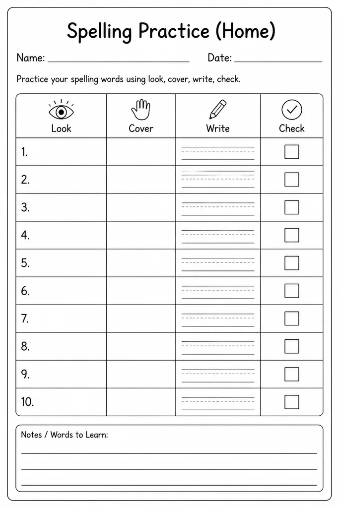 Blank printable look-cover-write-check spelling practice sheet with four columns and rows for up to 15 spelling words