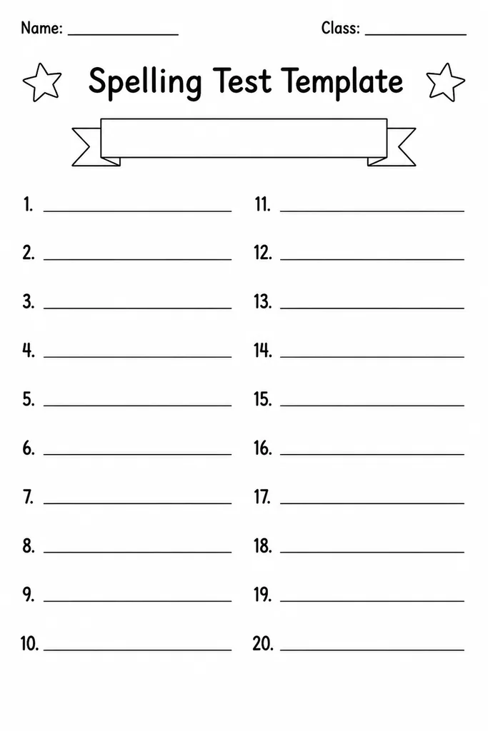 Free printable spelling test template showing numbered blank lines 1 through 20 on white paper, suitable for grades 1 to 6