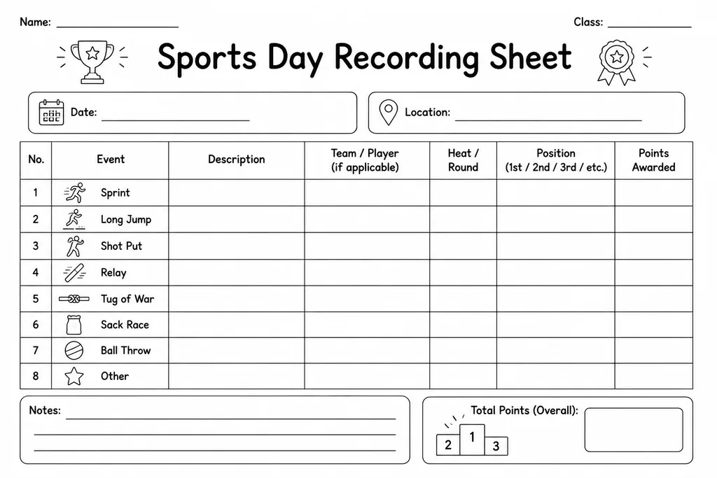 Blank sports day recording sheet with columns for event name, participant name, result, and placement for school sports carnival use