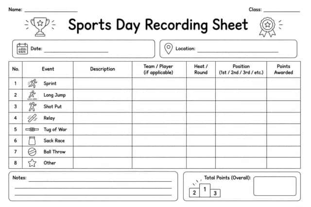 Sports Day Recording Sheet