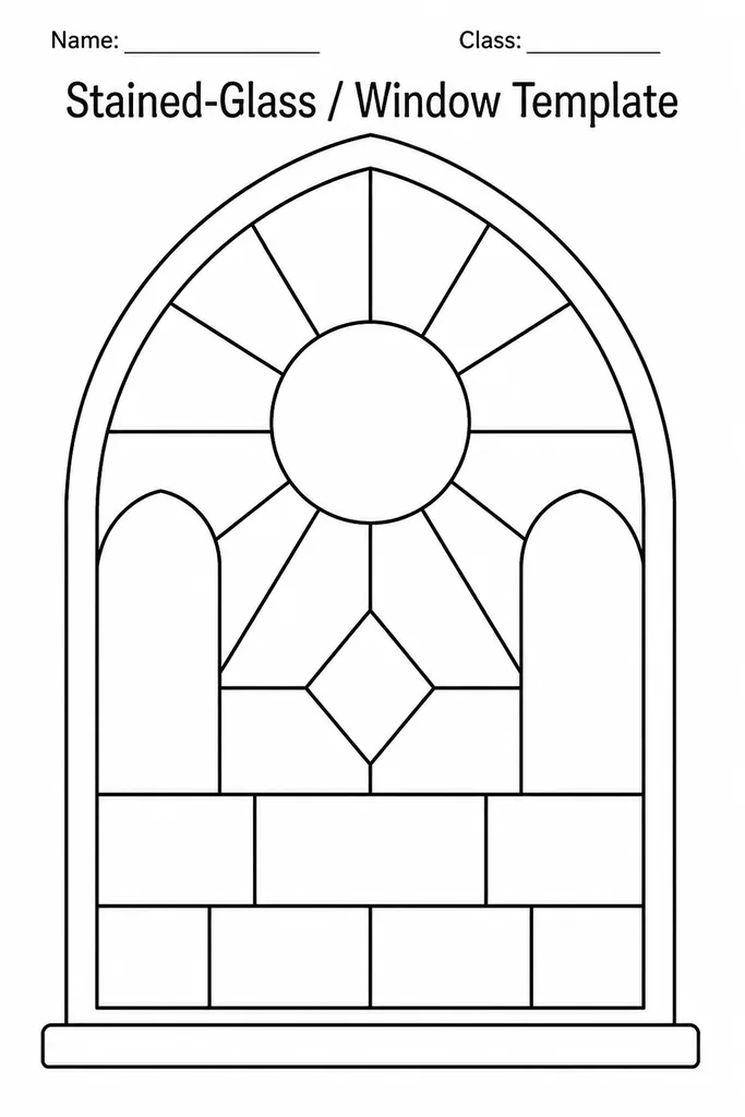 Blank stained-glass window printable template with bold lead-line outlines dividing the design into sections ready for colouring